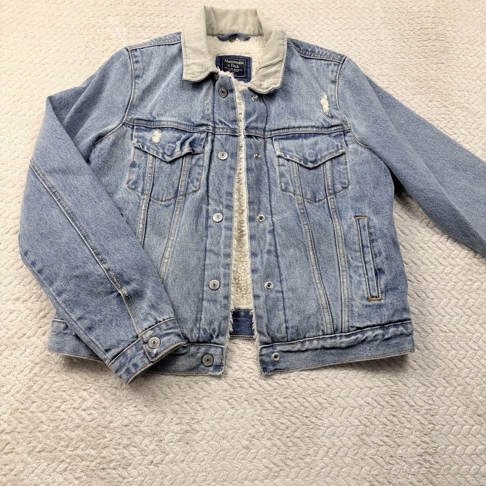 Abercrombie & Fitch Womens Sherpa Lined Denim Jacket Size M Distressed Jean Coat